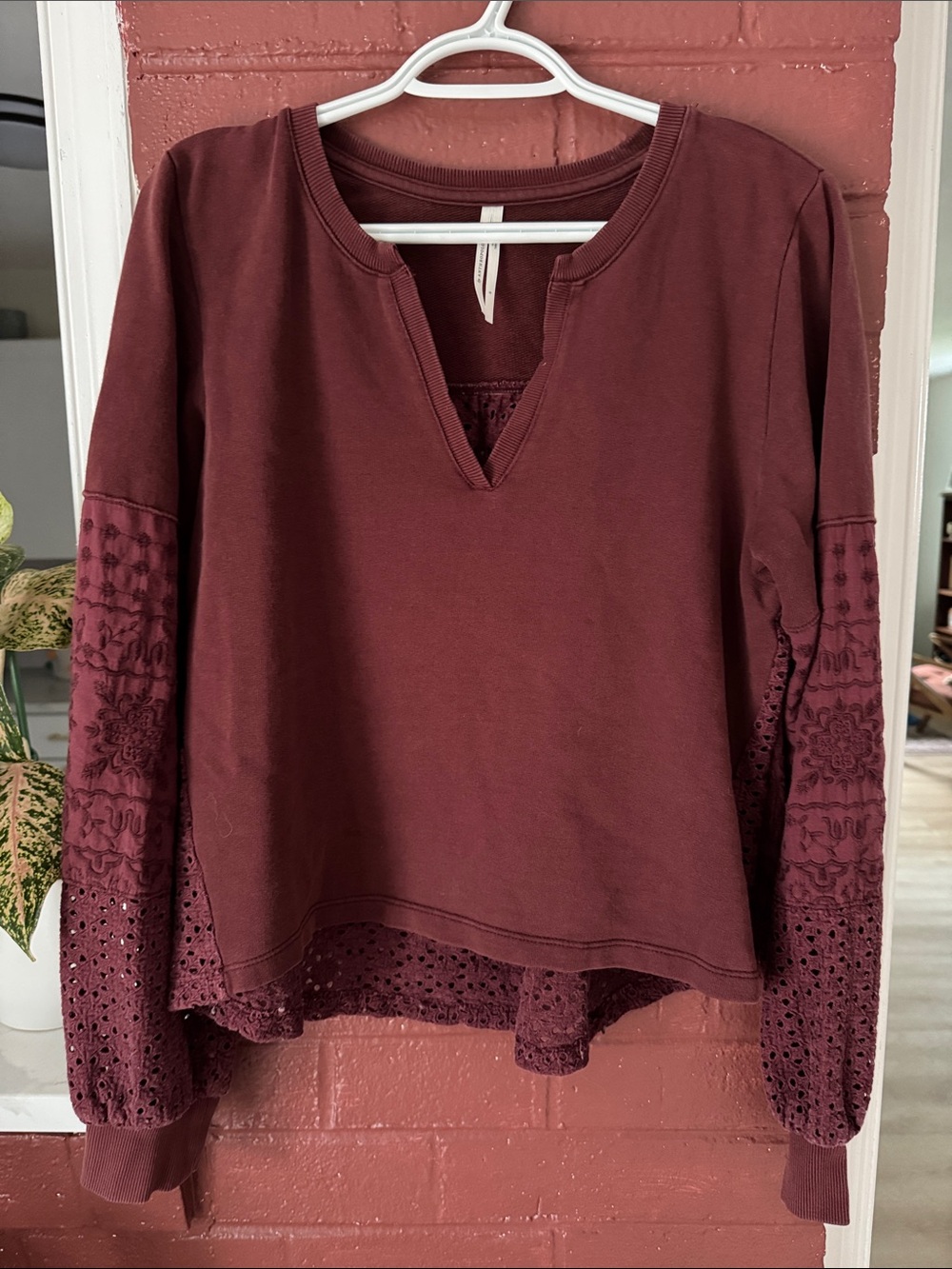Anthropologie Burgundy Eyelet Lace Back V-Neck Sweater Small